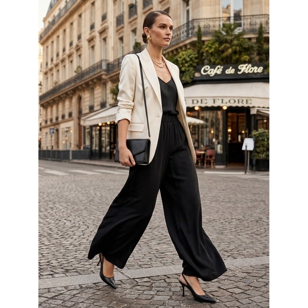 Federica Tosi Black 100% Silk Wide Leg Pull on Pant Trousers Italy 46 US 10 Chic
